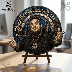 Jelly Roll circular stained glass art on wooden stand featuring music notes, guitar, and The Soundtrack Of My Life text.!