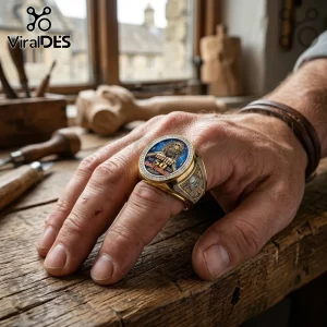 Gold Iron Maiden 50th anniversary ring with Eddie graphic and rhinestone bezel worn on a man's finger at a workbench.!