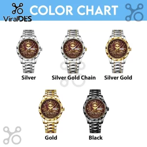 Five Elvis Presley analog wristwatches with brown faces, varying in silver, gold, and black metal band finishes.!