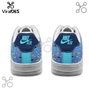 Custom Nike Air sneakers with blue Stitch character print, white paw patterns, and colorful autism awareness infinity loops.!