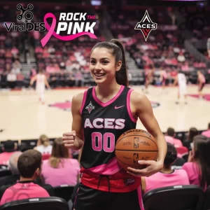 Female athlete wearing black and pink Las Vegas Aces jersey with number 00, holding a Spalding basketball in a stadium.!