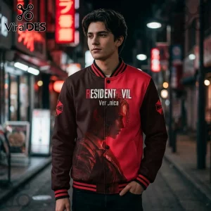Man wearing a red and black split-panel varsity jacket featuring Resident Evil Code Veronica branding and Umbrella logo.!