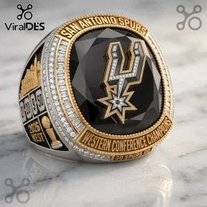San Antonio Spurs championship ring with black gemstone, gold trim, embedded clear crystals, and Alamo side relief detail.!