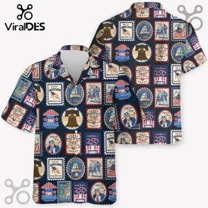 Short-sleeve button-down shirt with a navy blue pattern of American patriotic postage stamp graphics and Liberty Bell.!