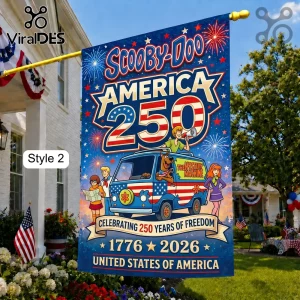 Scooby-Doo America 250 decorative garden flag with Mystery Machine van, firework graphics, and red, white, and blue colors.!