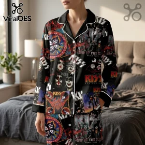 KISS band pajama set featuring collage of tour graphics, band member faces, and logos on a black background.!