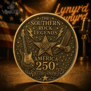 Bronze commemorative coin with The Southern Rock Legends, America 250, 1776-2026, electric guitar, eagle, and stars.!