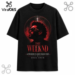 Black cotton t-shirt featuring The Weeknd silhouette in red, text reading After Hours Til Dawn Stadium Tour 2026.!