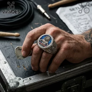 Iron Maiden 50th anniversary silver ring featuring Eddie mascot on blue enamel inlay, worn on a hand with guitar pick.!