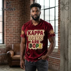 Man wearing distressed burgundy velvet t-shirt with KAPPA DADS ARE DOPE text patch and Best Dad Ever sleeve embroidery.!