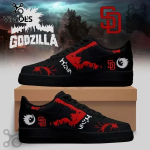 Black sneakers featuring red Godzilla silhouettes, white Japanese text, and San Diego Padres SD logos on a brown box.!