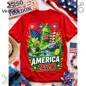 Red cotton t-shirt featuring Mtn Dew bottle, kayaker, American flags, fireworks, and text reading AMERICA 250.!
