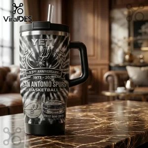 Yeti tumbler with black and white tie-dye pattern, San Antonio Spurs logo, and 53rd anniversary text on marble table.!
