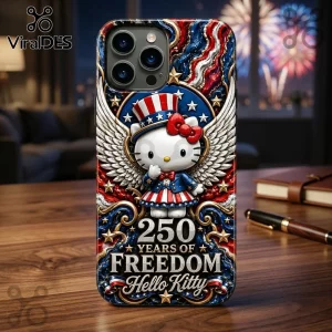 Hello Kitty in patriotic Uncle Sam outfit with angel wings on iPhone case, text reads 250 Years of Freedom Hello Kitty.!