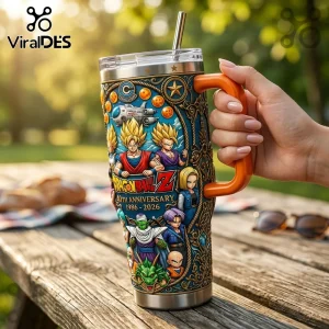 Dragon Ball Z 40th anniversary stainless steel tumbler with orange handle, metal straw, and character collage design.!