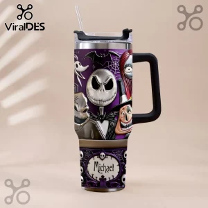 Stainless steel tumbler with Nightmare Before Christmas characters, black handle, clear lid, straw, and Michael name plate.!