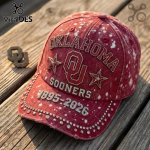 Oklahoma Sooners baseball cap with red bleach-wash fabric, rhinestones, metallic OU logo, stars, and 1895-2026 text.!