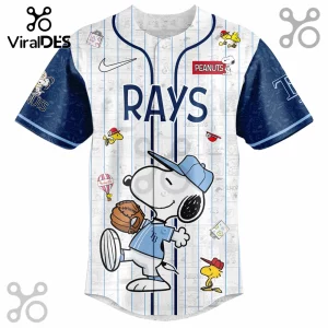 Tampa Bay Rays baseball jersey featuring a Snoopy graphic, navy blue pinstripes, and Peanuts comic strip print background.!