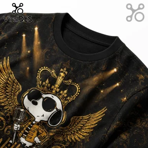 Black crewneck shirt featuring a gold-toned graphic of a beagle wearing sunglasses, a crown, and wings with a microphone.!