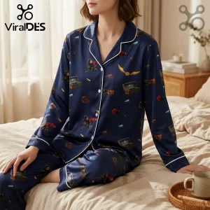Navy blue satin pajama set with button-down long sleeves featuring Harry Potter themed prints like Golden Snitches.!