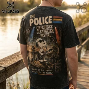 Charcoal acid-wash t-shirt featuring Snoopy playing guitar in a bayou with The Police and Creedence Clearwater Revival text.!