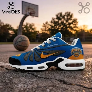 New York Knicks themed sneaker in blue, orange, and white with 2025 NBA champion graphics on an outdoor basketball court.!