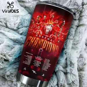 Arsenal FC 25/26 Champions stainless steel tumbler featuring team players, trophy graphics, and full roster list in red.!