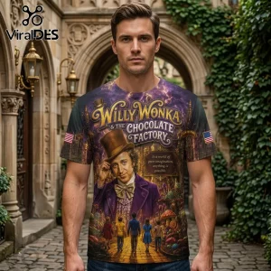 Man wearing purple Willy Wonka and the Chocolate Factory all-over print t-shirt featuring Gene Wilder and candy landscapes.!
