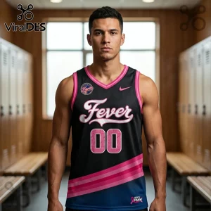 Man wearing a black basketball jersey with pink accents, Fever text, number 00, and Rock the Pink ribbon logo.!