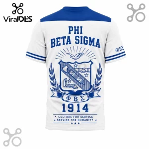 Phi Beta Sigma white and blue jersey featuring the fraternity crest, 1914, and motto on a cotton-blend short sleeve shirt.!