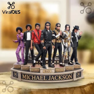 Michael Jackson collectible statue featuring seven figures representing various career eras on a labeled circular stage.!