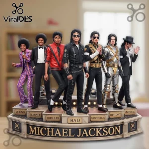 Seven Michael Jackson figurines in iconic outfits on a stage labeled with his career eras from Young to Mature.!