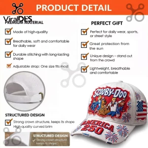 White structured baseball cap featuring Scooby-Doo cartoon characters, American flag graphics, and America 250 text.!