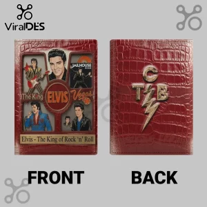 Elvis Presley faux red crocodile leather wallet featuring graphic portraits, Jailhouse Rock text, and TCB lightning bolt.!