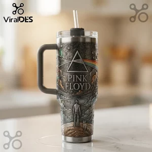 Pink Floyd Dark Side of the Moon themed stainless steel travel tumbler with 3D embossed prism, human figure, and dog.!