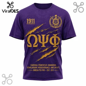 Purple Omega Psi Phi t-shirt with gold Greek letters, 1911 text, fraternity crest, and claw mark graphics.!