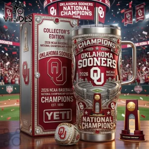 Oklahoma Sooners 2026 NCAA baseball championship stainless steel tumbler with matching championship ring and trophy.!