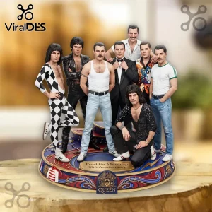 Freddie Mercury 80th Anniversary commemorative statue featuring seven iconic figures on a circular Queen-themed base.!