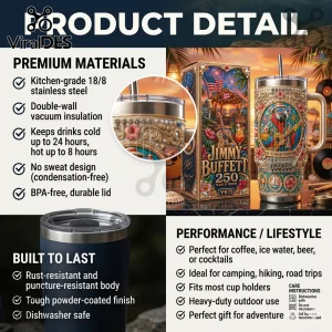 Jimmy Buffett 250 years of freedom Yeti tumbler featuring a parrot, guitar artwork, and stainless steel vacuum insulation.!