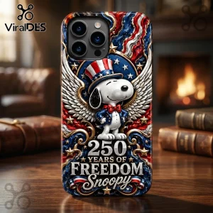 Snoopy wearing an Uncle Sam hat and angel wings on a patriotic American flag-themed phone case with silver 250 text.!