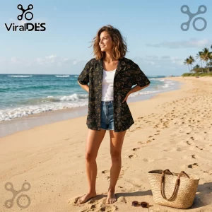 Woman wearing black short-sleeve button-up shirt with gold Star Trek starship and insignia print on a sandy beach.!