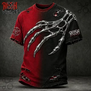 Rush band red and black distressed t-shirt featuring a metallic chrome claw graphic and pentagram logo on the sleeve.!