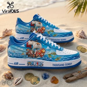 One Piece anime sneakers featuring the Thousand Sunny ship, blue ocean waves, white toe boxes, and gold coin accents.!
