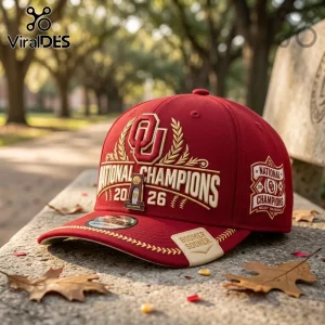 Crimson Oklahoma Sooners baseball cap with gold 2026 National Champions embroidery and Boomer Sooner text on visor.!