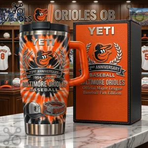 Baltimore Orioles Yeti stainless steel tumbler with orange and black tie-dye pattern and 72nd anniversary team branding.!