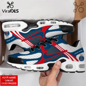Custom Paris Saint-Germain sneakers in blue, red, and white with polka dot pattern, black laces, and visible air sole unit.!