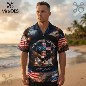 Men’s button-down shirt featuring an American flag, bald eagle, cross, fireworks, and text Faith, Freedom, 250 Years 1776-2026.!