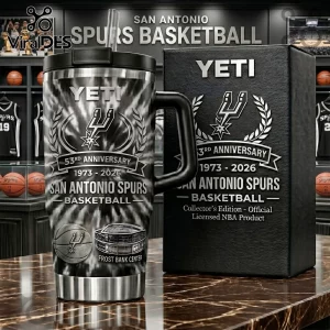 Yeti tumbler with black and white tie-dye pattern, San Antonio Spurs 53rd anniversary logo, and Frost Bank Center graphic.!