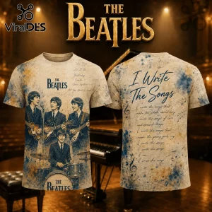 The Beatles graphic t-shirt with front showing members playing instruments and back featuring song lyric script prints.!