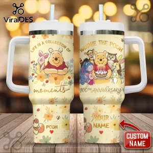 Stainless steel Winnie the Pooh 100th anniversary tumbler with handle, straw, and floral grid pattern print.!